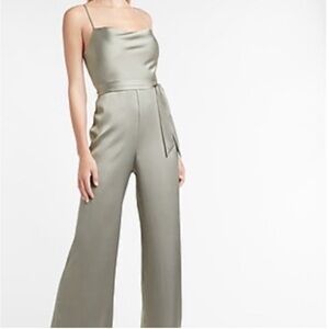 Express Sleeveless Satin Cowl Neck Jumpsuit in Dusty Sage Green